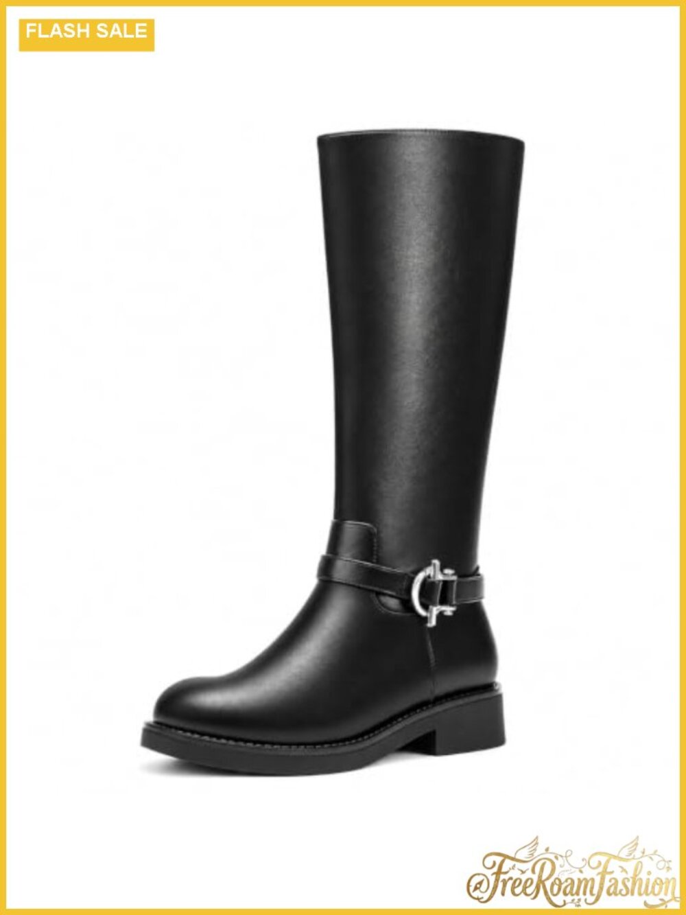 Wide Calf Knee High Boots Low Chunky Heel Riding Boots Faux Leather